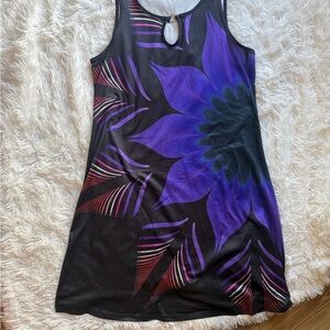 Black Purple Tropical Print Sleeveless Dress Keyhole Neck A-Line